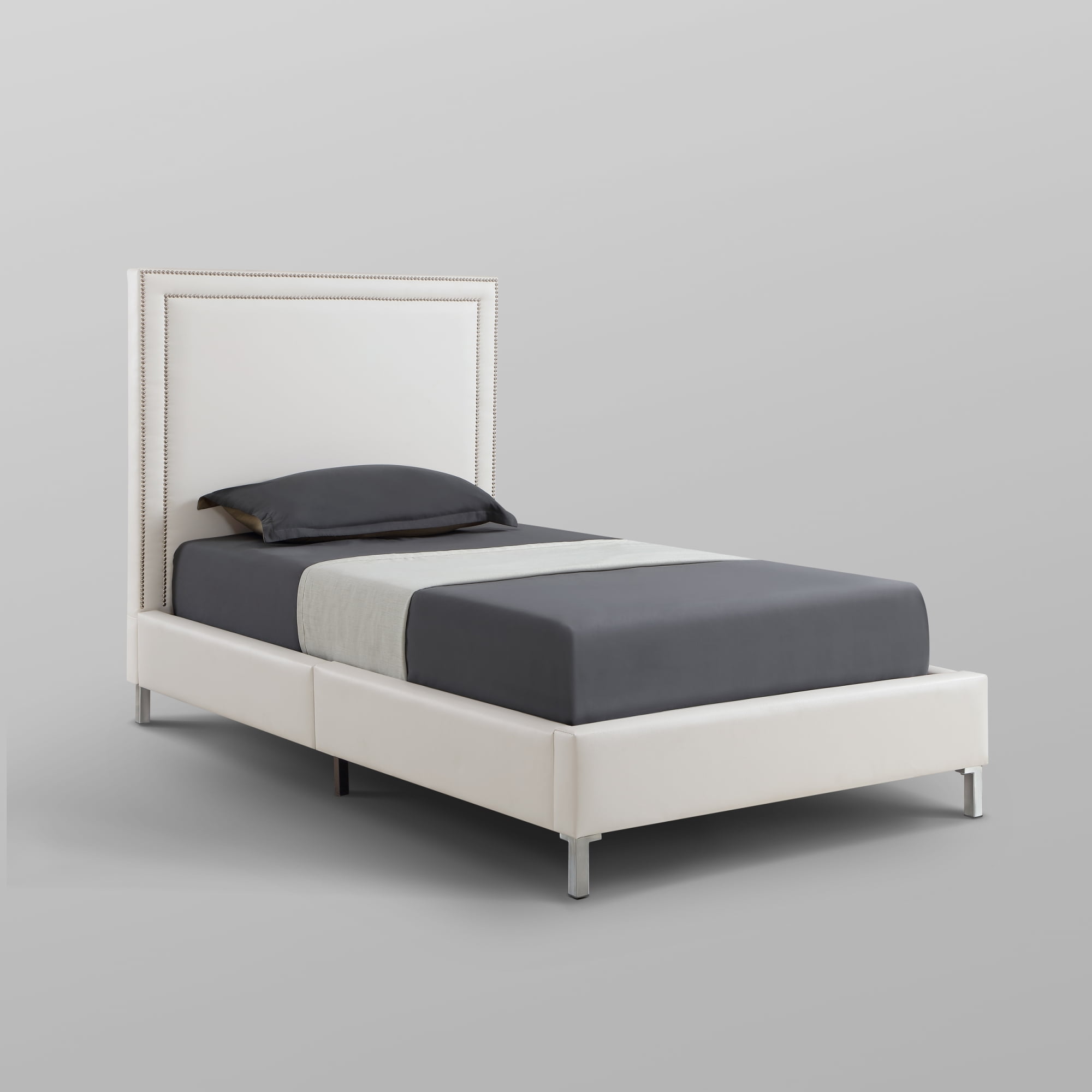 Inspired Home Raffaele Leather PU Platform Bedframe Twin Size Nailhead Trim, White