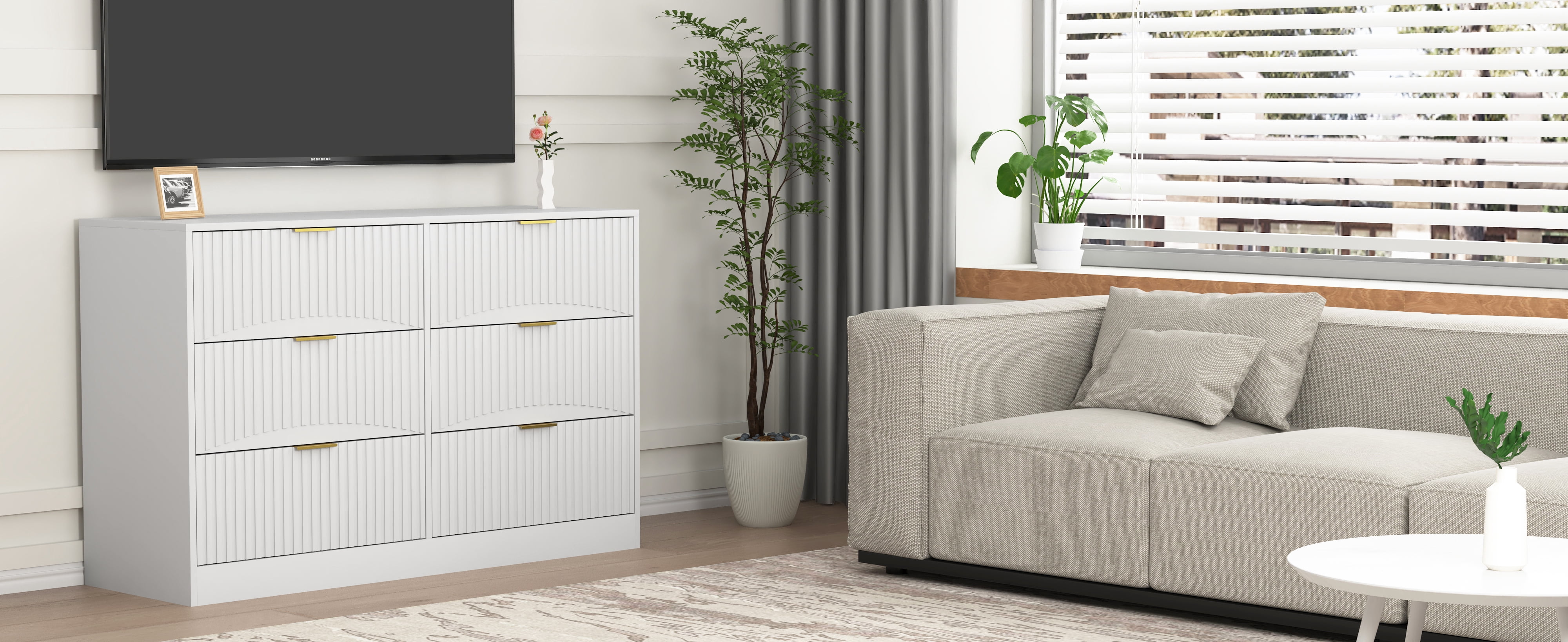 6-Drawer Dresser for Bedroom,Modern Wood Chest of Drawers,Large Storage Cabinet with Wavy Patterns for Living Room,Hallway,Entryway,White