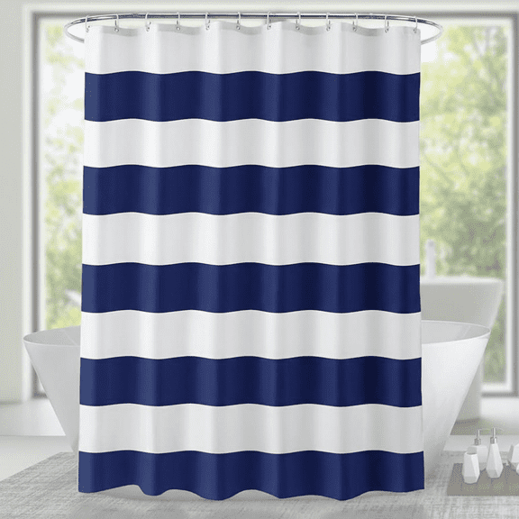 Navy Blue and White Striped Fabric Shower Curtain, 72x72 Inches Water Repellent Bathroom Curtain with 12 Rustproof Hooks and 2 Heavy Weights for Secure Fit