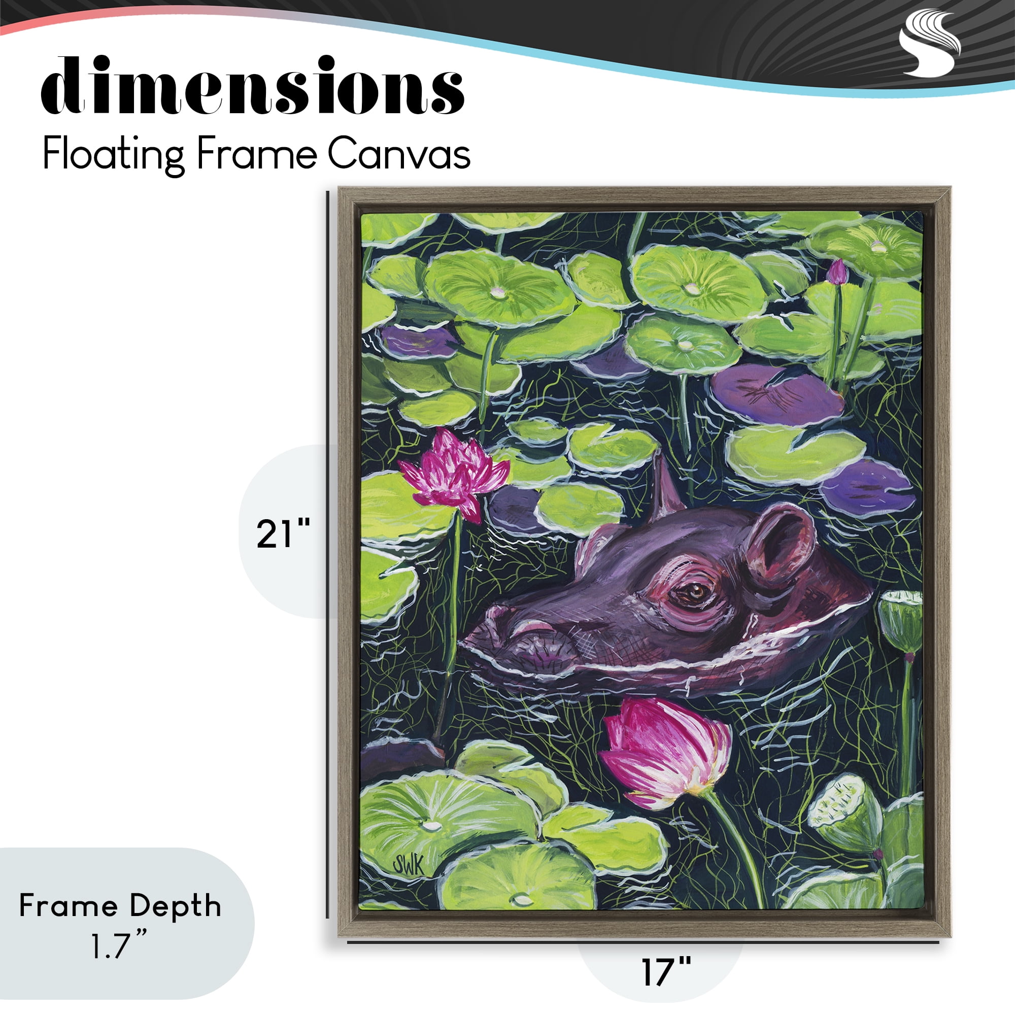 Stupell Industries Hippo & Blossoms Pond Brown Framed Floater Canvas Wall Art, design by Sarah Waldron Kimball