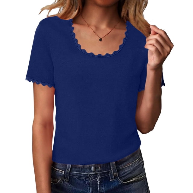 Camisetas de Manga Corta de Verano para Mujeres Moda Casual Color Sólido Encaje Cuello Redondo Suéter Mujer Camisetas de Manga Corta Casual