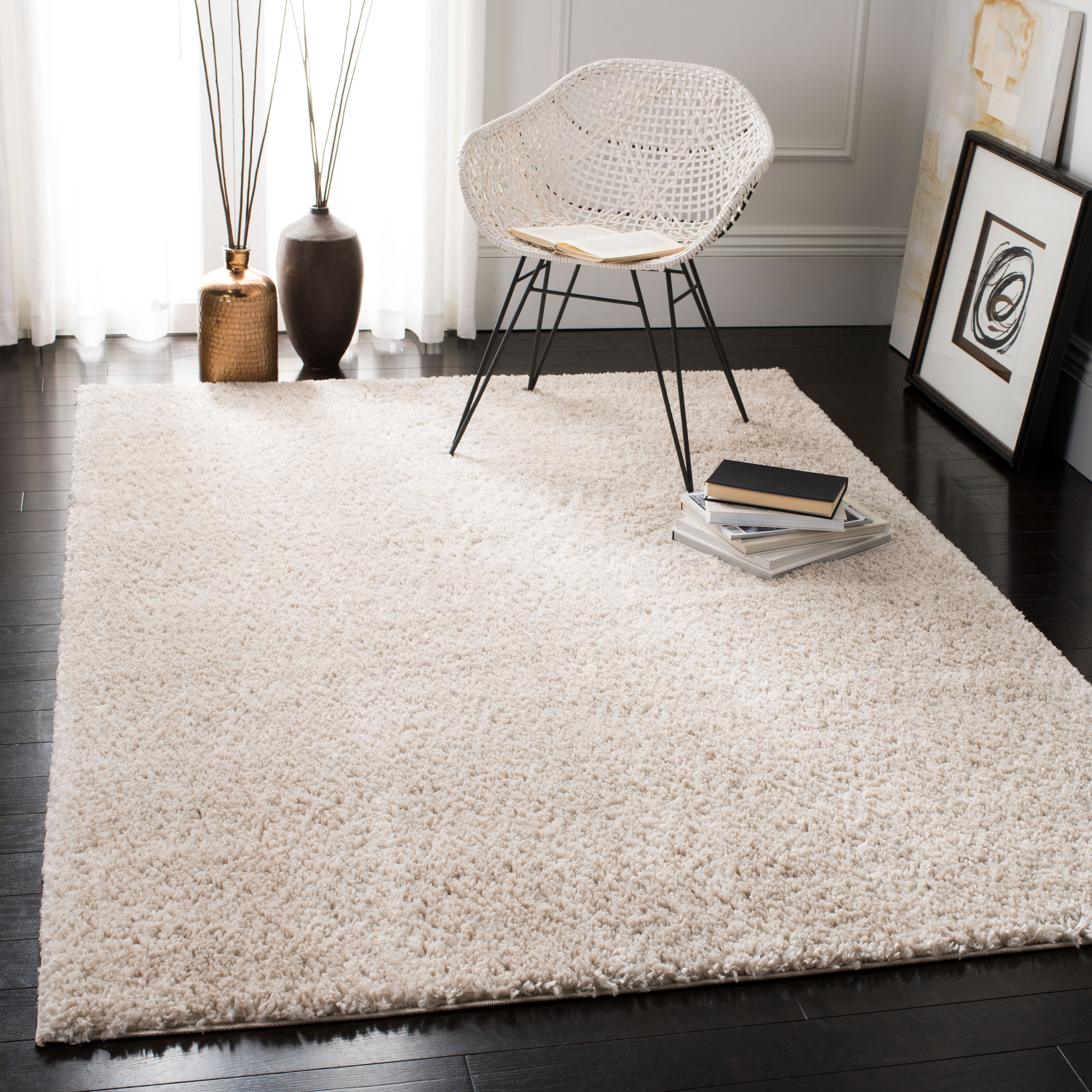 Ivory SAFAVIEH Venus Shag Collection VNS603B Stripe Non-Shedding Living Room Bedroom Dining Room Entryway Plush 1.8-inch Thick Area Rug Dark Grey 6'7 x 6'7 Round 