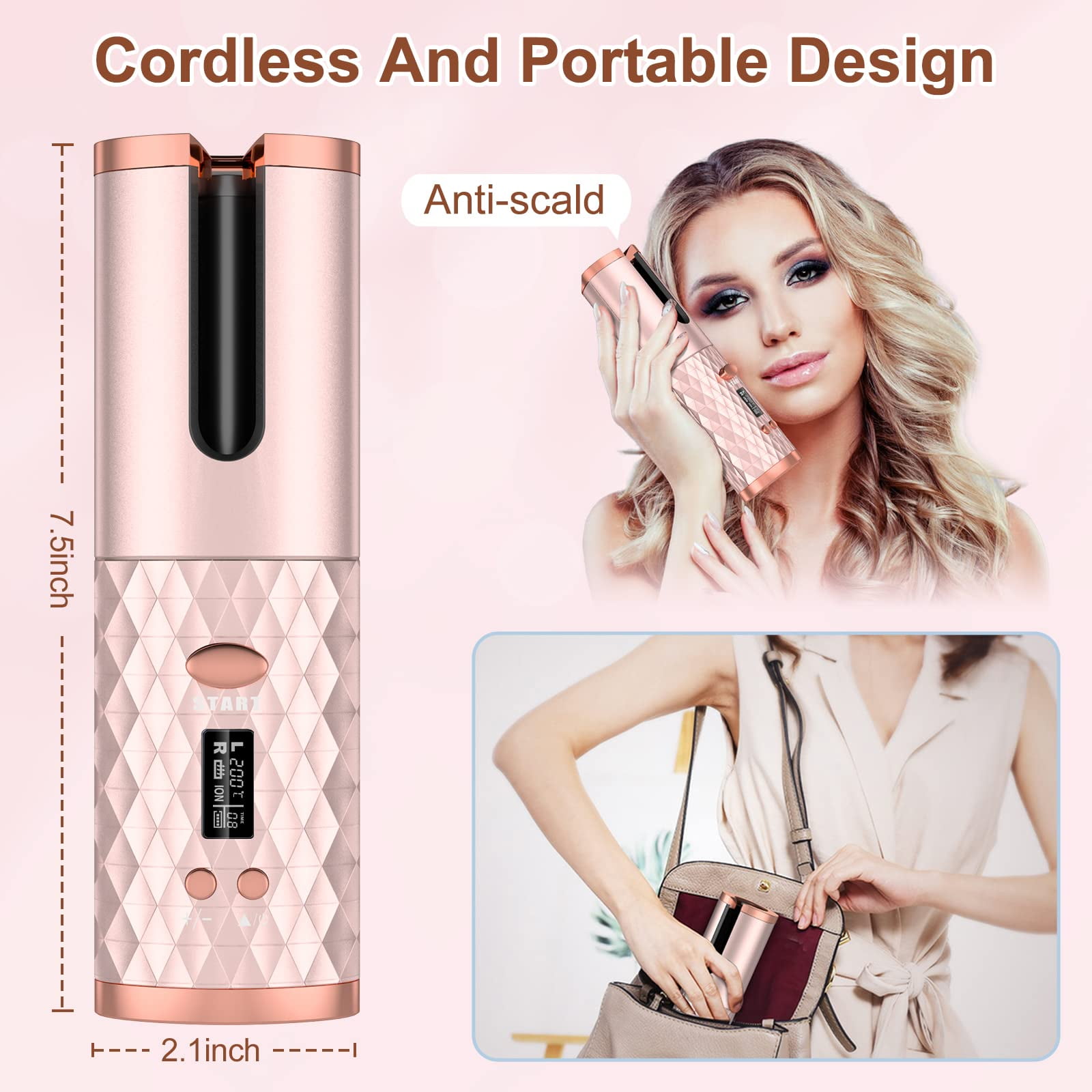 Automatic Curling Iron, Emlimny Cordless Hair Curlers with Adjustable Temps & Timers, Ceramic Barrel Auto Wave Wand, Portable Rotating Curling Wand Hair Styling Tool for Travel