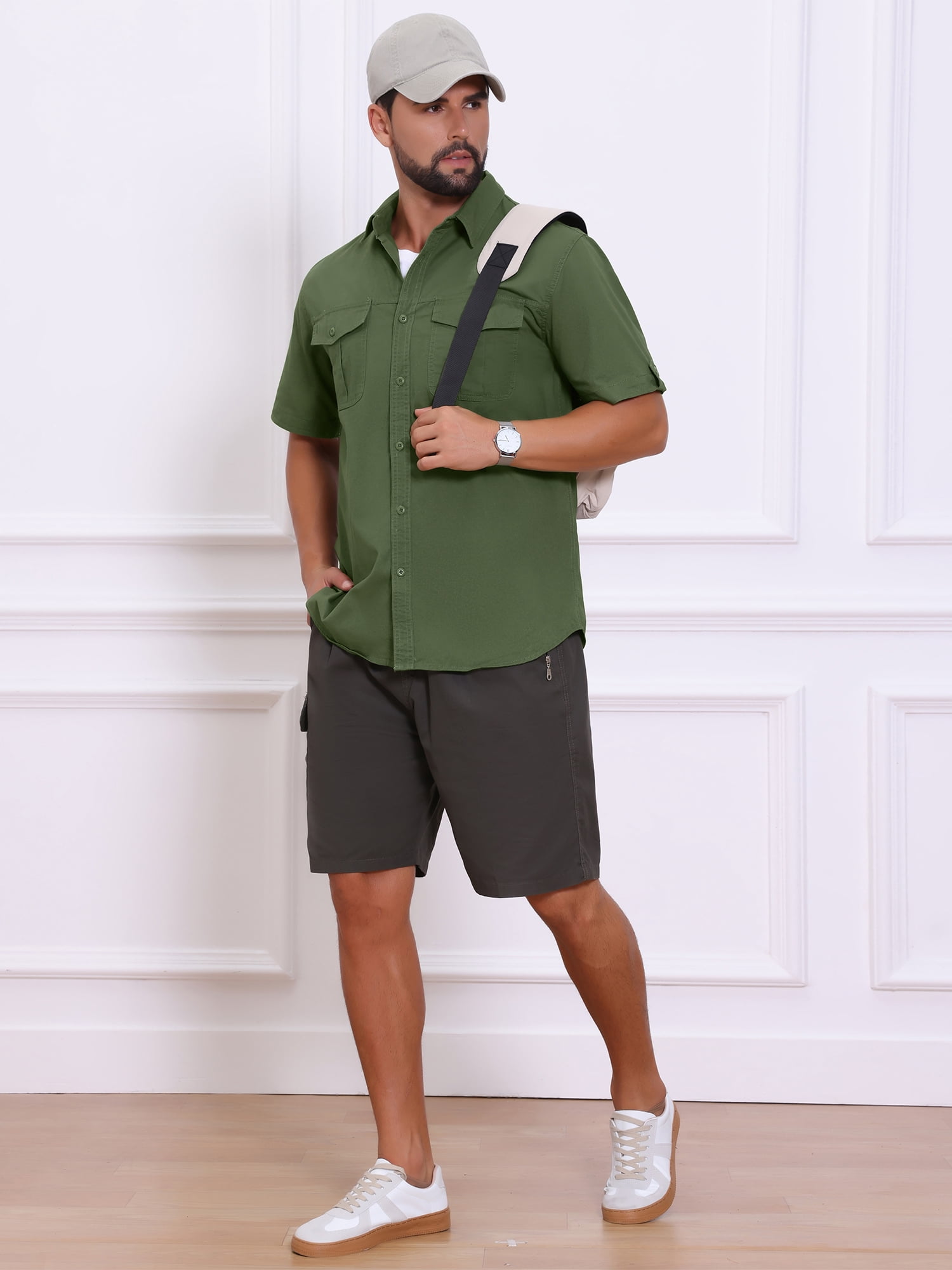 DARING DIVA Men's Fishing Shirt Summer Short Sleeve Hiking Cargo Shirts S Olive Green