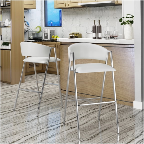 Set of 2 Ivory PU Leather Bar Stools with Metal Arms, Low Back Kitchen Counter Stools with Footrest and Chrome Base