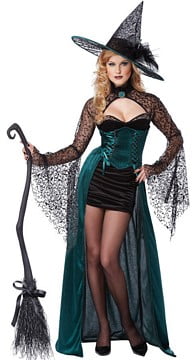 LADIES HALLOWEEN BLACK ENCHANTRESS WITCH FANCY DRESS COSTUME OUTFIT 