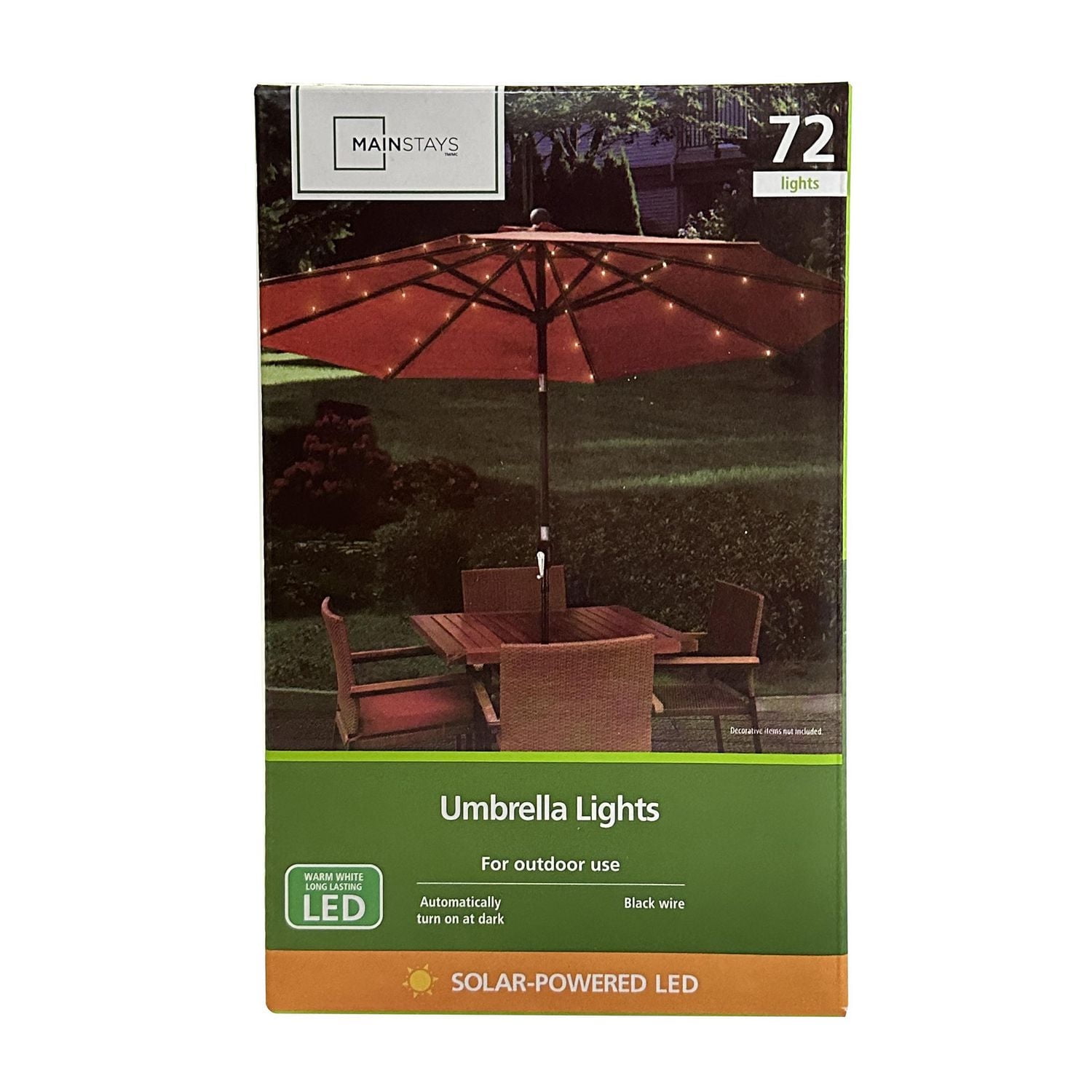 Mainstays 72-Count Solar Powered Warm White LED Patio Umbrella Lights - Black Wire