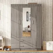 3 Doors Wardrobe Cabinet Closet with Mirror, Storage Drawers, Shelves and Hanging Rail for Clothes, Bedroom Organizer
