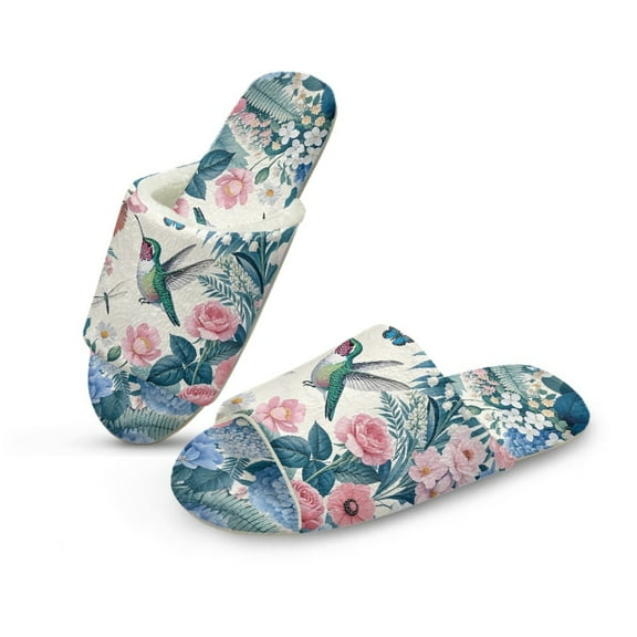COEQINE Hummingbird Flower Blue Womens Fuzzy Slippers House Shoes Open Toe Indoor Slippers Soft Lightweight Quiet Fluffy Slides Machine Washable Footwear for Ladies Her Mom, 36-37