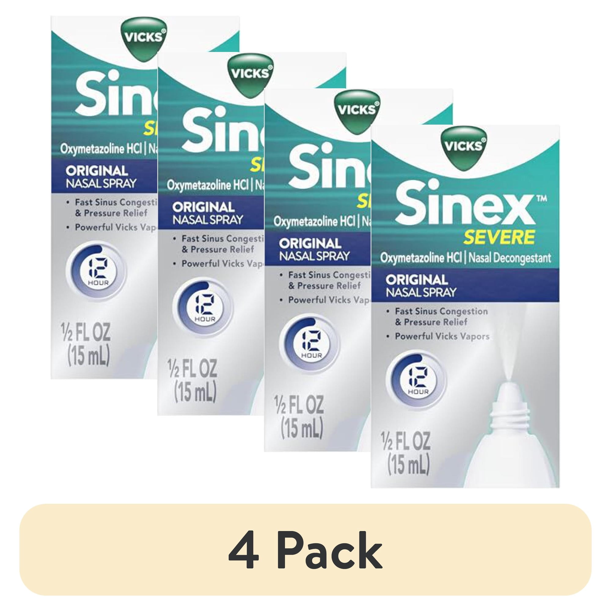 (4 pack) Vicks Sinex Severe Original Nasal Spray, Decongestant Medicine, Relief from Stuffy Nose due to Cold or Allergy, & Nasal Congestion, Sinus Pressure Relief, 0.5 fl oz