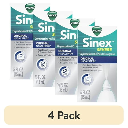 (4 pack) Vicks Sinex Severe Original Nasal Spray, Decongestant Medicine, Relief from Stuffy Nose due to Cold or Allergy, & Nasal Congestion, Sinus Pressure Relief, 0.5 fl oz