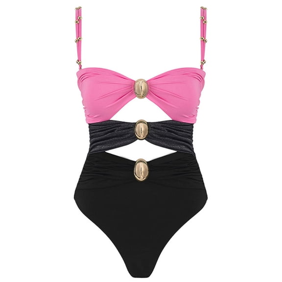 UTSJKR Women's Cut Out Colorblock One Piece Swimsuit Ruched Swimwear Bathing Suit Tummy Control High Cut Swimwear Black 6