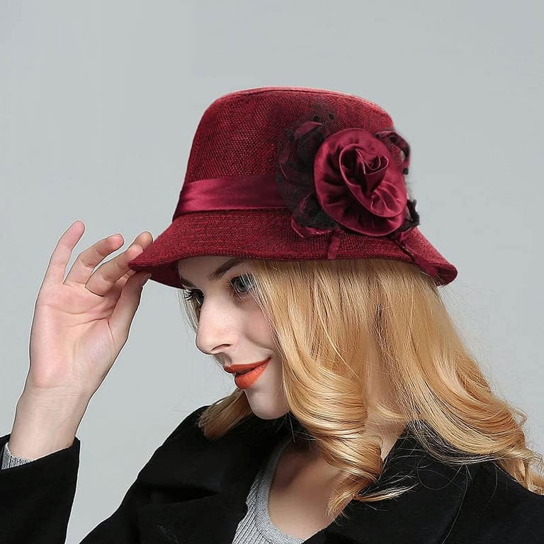 Vintage Felt Cloche Hat Winter Floral Fedora Bucket Hat 