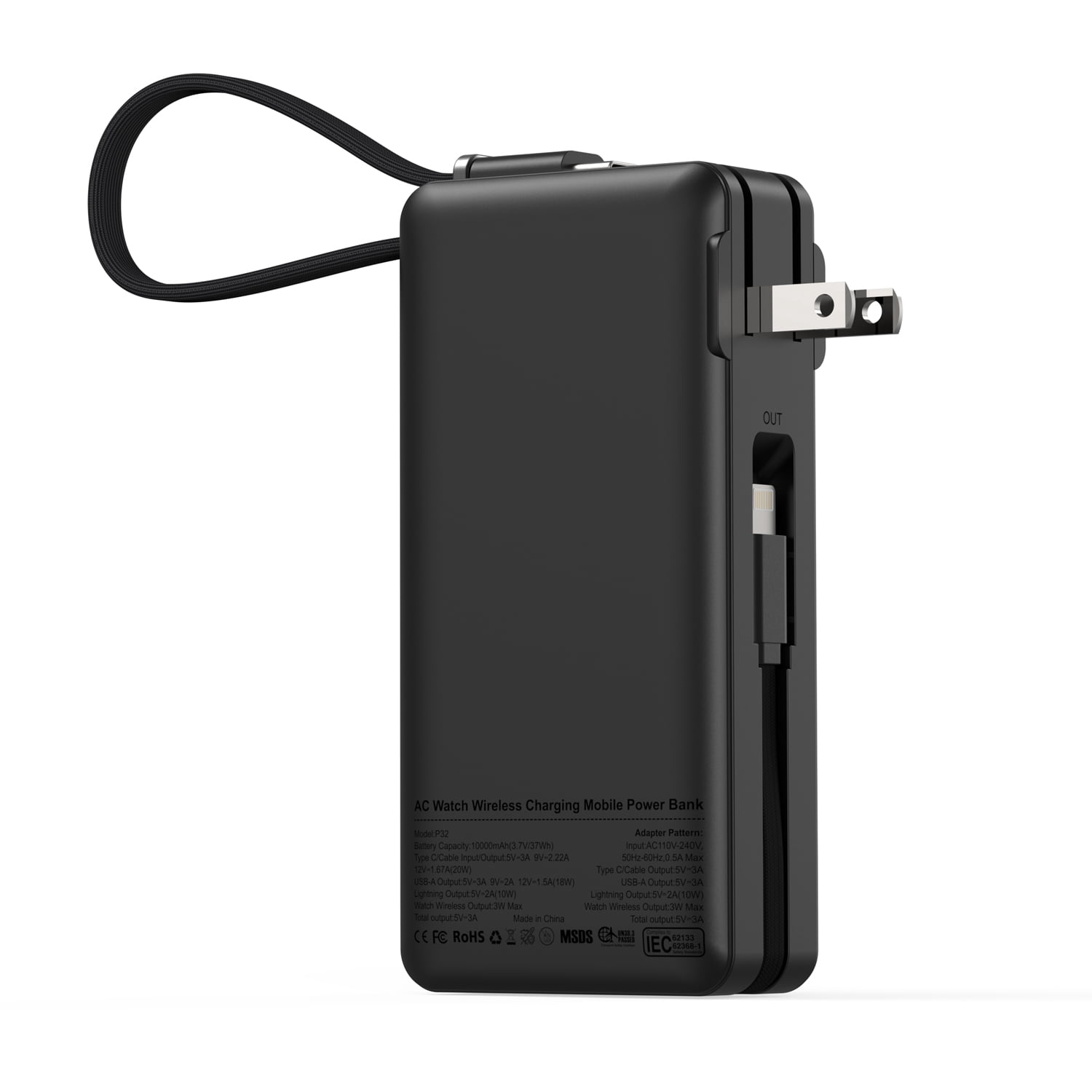 Black 5-in-1 Travel Power Bank (10,000mAh) — Built-in Foldable AC Wall Adapter and 3W Wireless Watch Charger; Multi-Device Charger with Integrated USB-C Cable; Portable External Battery Pack
