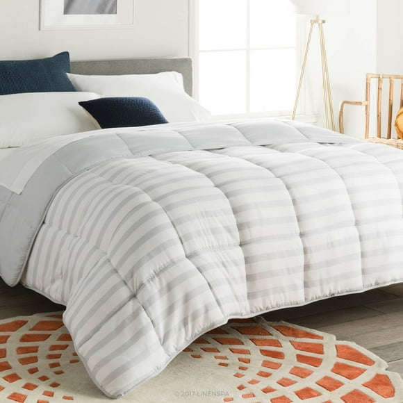 Linenspa LS70QQGRGWMICO Reversible Down Alternative Quilted Comforter, Queen, Grey/White Stripe