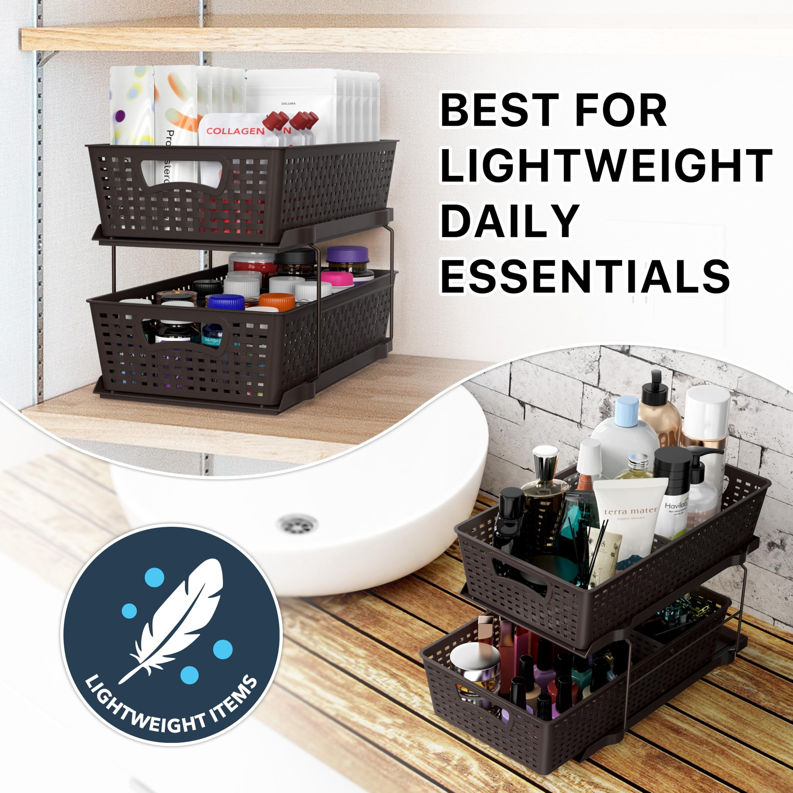 2 Tier Bathroom Organizer Tray Pull-out Sliding Drawer  Under Sink Storage Brown