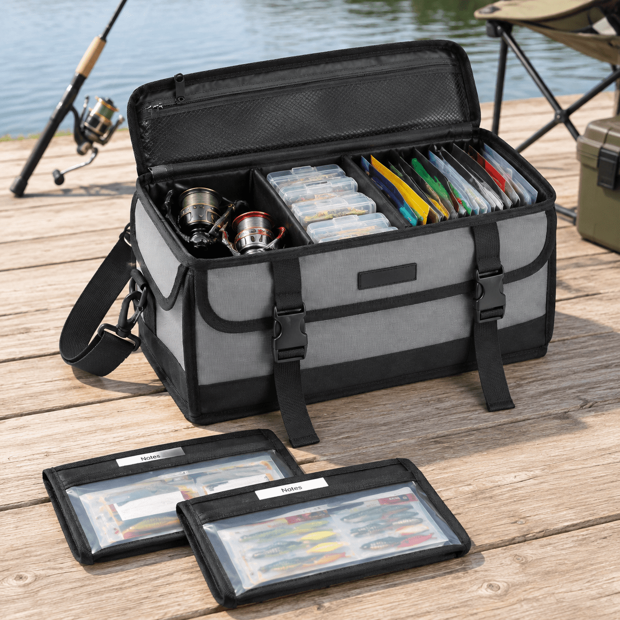 Gray Soft Plastic Bait Tackle Bag with 20 Pouches for Fishing Gear Organization