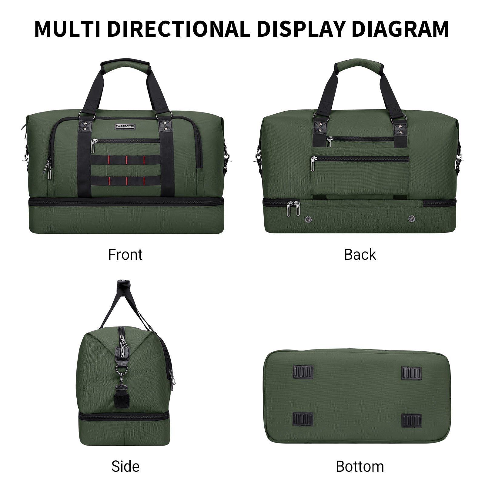 WITZMAN Travel Duffle Bags for Men Weekender Bags with Toiletry Bag Sets Carry on Overnight Bag 55L（B696 Army Green）