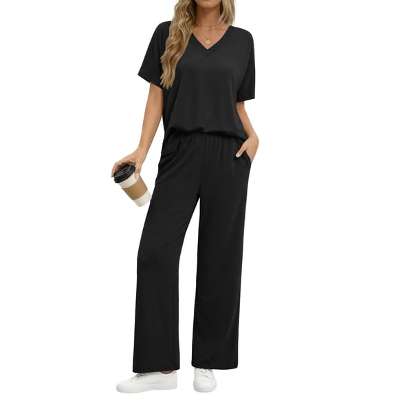 Fantaslook Lounge Sets for Women Casual 2 Piece Outfits Summer V Neck Short Sleeve Tops and Wide Leg Pants Pajamas Sets