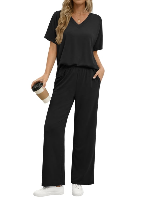 Lounge Sets for Women Casual 2 Piece Outfits Summer V Neck Short Sleeve Tops and Wide Leg Pants Pajamas Sets