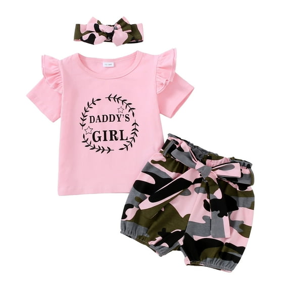 12 Months Baby Girls Clothes 18 Months Girls 3PCS Summer Outfits Set Letter Print Infant Girls Short Sleeve Top Camo Shorts Set with Headband Pink