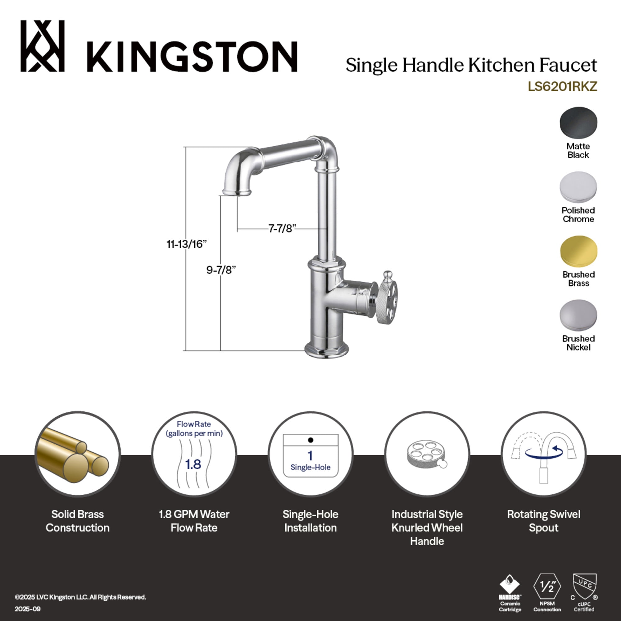 Kingston LS6201RKZ Wendell Single-Handle Kitchen Faucet with Knurled Handle, Polished Chrome