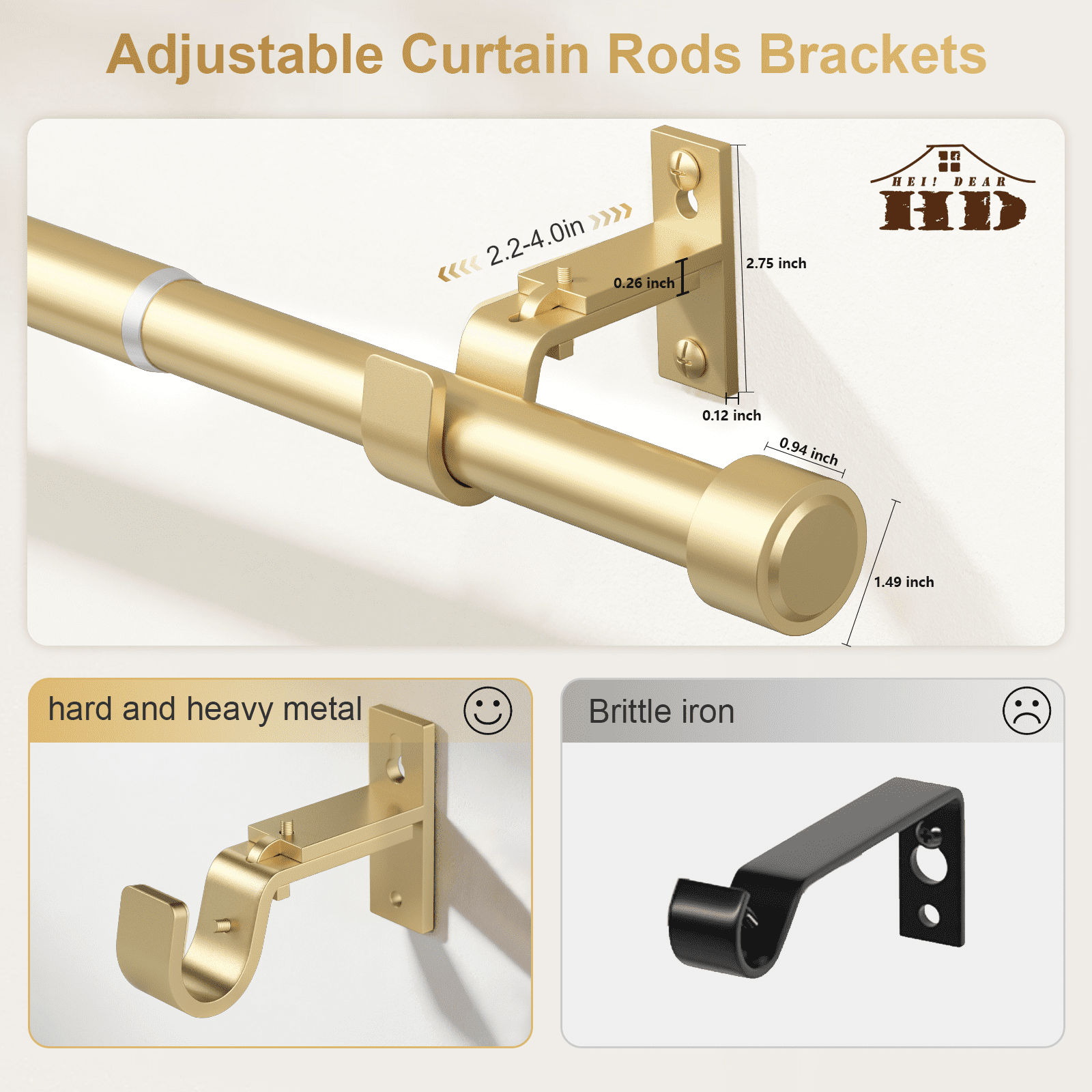 HEI! DEAR 1" Adjustable Gold Curtain Rod Heavy Duty with Solid Aluminum Finials,18-60"