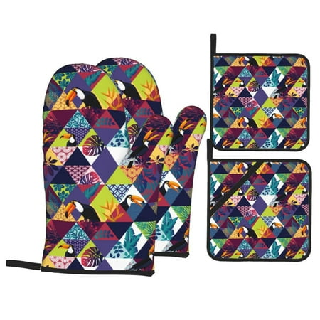 

Oven Mitts and Pot Holders 4 pcs Set Geometric Cute Toucan Bird Plant Heat Resistant Pot Holders Oven Mitts for kitchen Non-Slip Hanging Loop Oven Glove Potholders for Baking Cooking