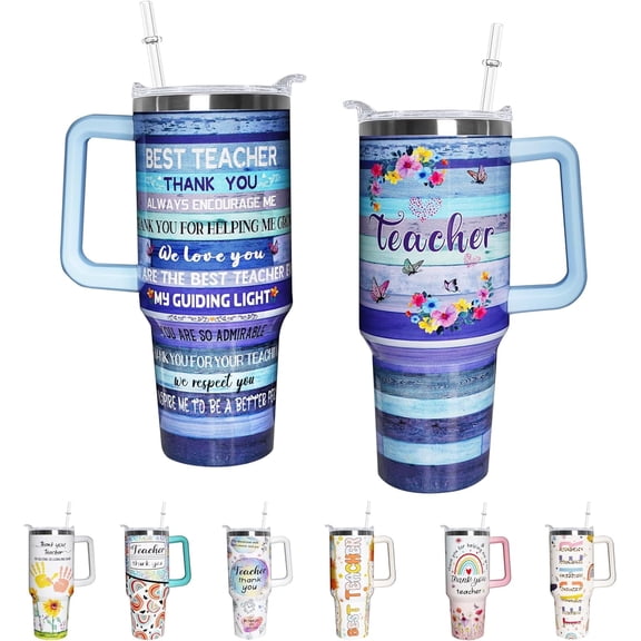 Teacher 40 oz Tumbler Appreciation Gifts for Women with Handle Insulated Stainless Steel Thank You Teacher Travel Coffee Mug with Lid and Straw Gifts
