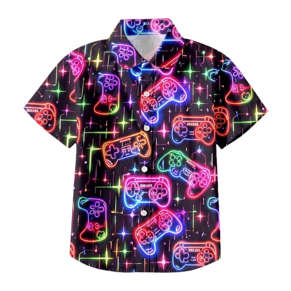 Neon Game Print Short Sleeve Shirt Boys Casual Button Down Top Summer Clothes