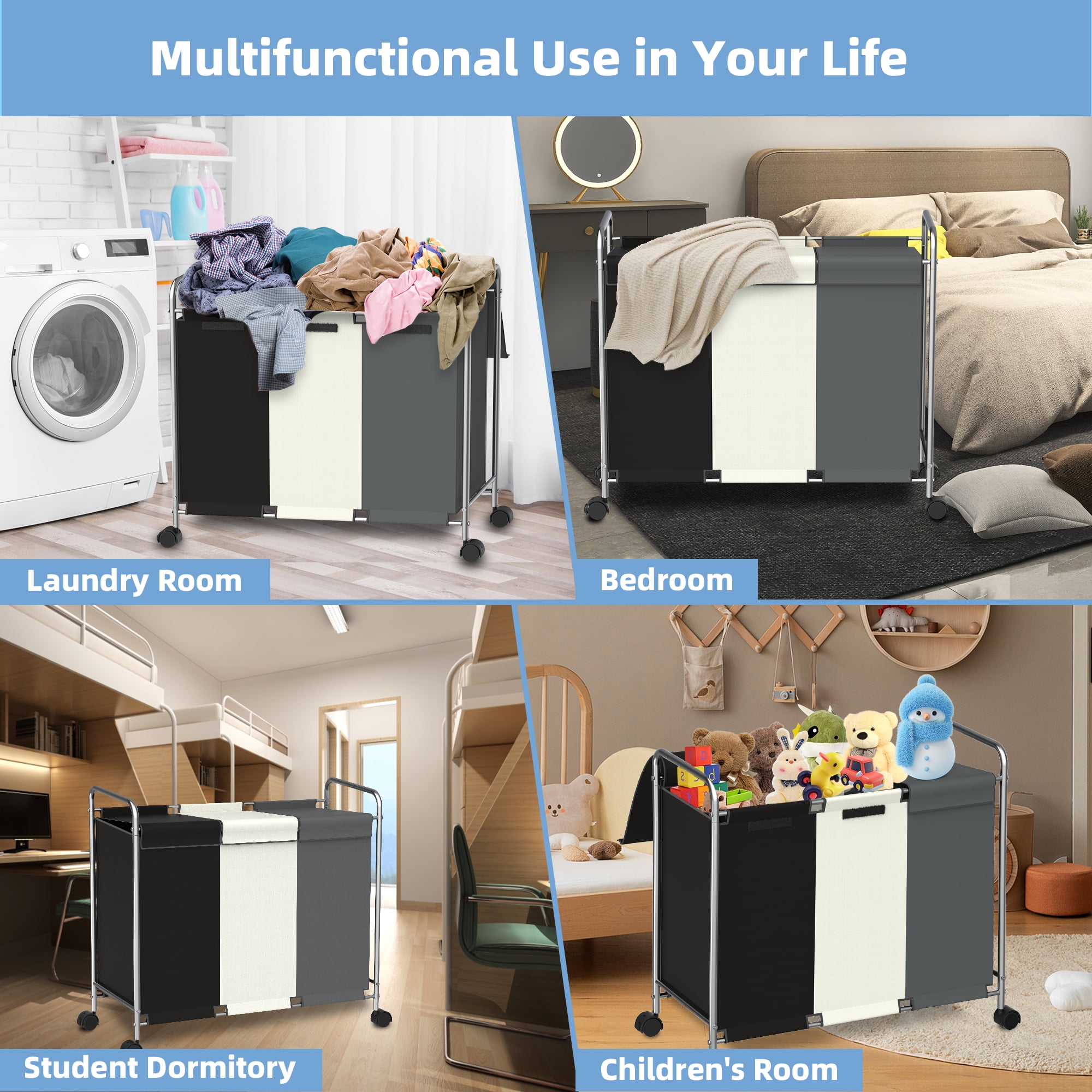 Nefoso 3 Section Laundry Hamper with Lid and Wheels, 150L Large Laundry Basket Sorter Cart with Handle, Clothes Storage, Multicolor