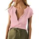 thumbnail image 1 of ZHAOCHENG Camisetas de verano de manga corta con escote en V profundo y corte bajo para mujer, informales, de punto acanalado, estilo Henley, 1 of 3
