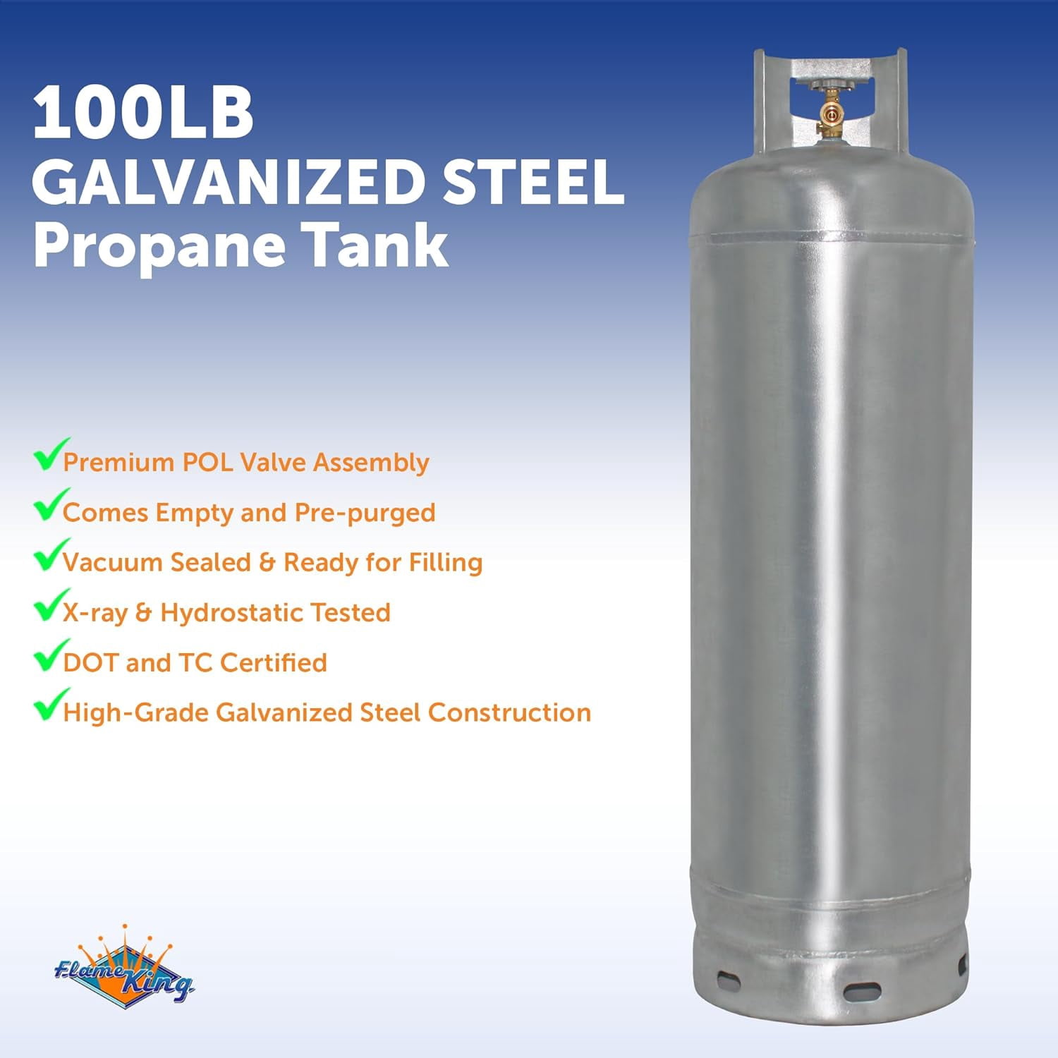 Flame King 100 lb Capacity Galvanized Steel Propane Tank with POL Valve, Rust and Corrosion-Free