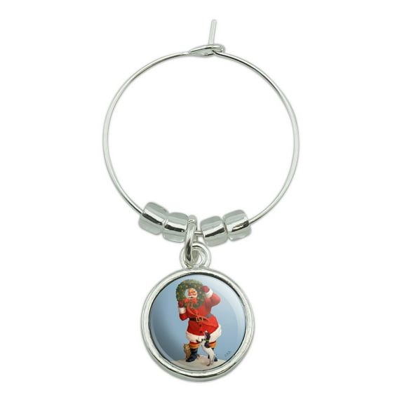 Christmas Holiday Santa Claus with Dog Cat Wreath Wine Glass Charm Drink Marker