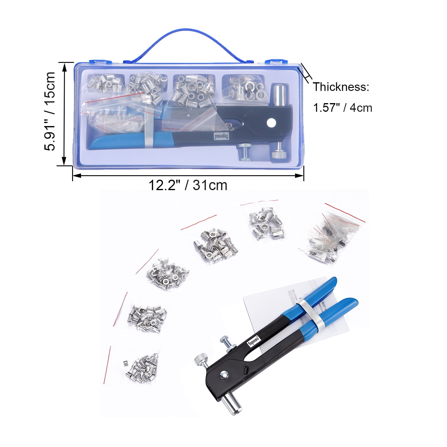 Toprema 126pcs Rivet Nut Tool Kit Set Blind Rivet Nut Hand Riveter Wrench Threaded Insert Rivnut Nutsert M3/M4/M5/M6/M8