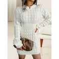 thumbnail image 3 of Casual Cable Knit Sweater Dress with Tie-Waist for Female, Autumn Winter Bodycon Tight Long Sleeve Tunic White S, 3 of 8