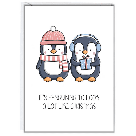 Christmas Card Featuring Adorable Penguins – "It's Penguin-ing to Look a Lot Like Christmas" – Blank Inside with Envelope – Perfect Holiday Greeting for Friends and Family