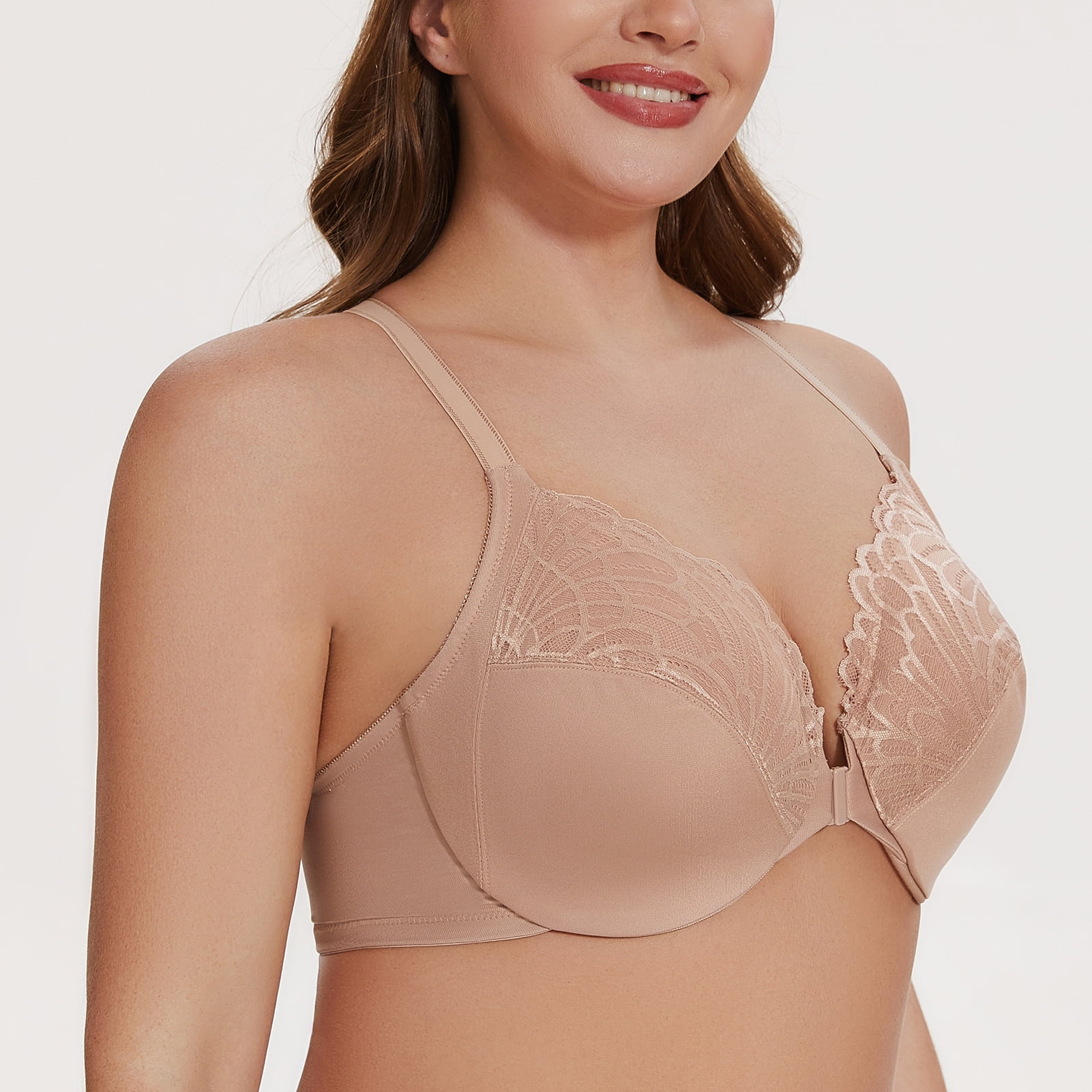 MELENECA Women's Racerback Front Closure Lace Unlined Plus Size Full Coverage Underwire Bra Beige 38D