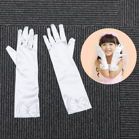 FRCOLOR 1 Pair Flower Girl Gloves Long Satin Bowknot Dress Gloves for Wedding Evening Party (White)