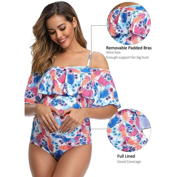 Women Off Shoulder Maternity Swimsuits Flounce Floral One Piece