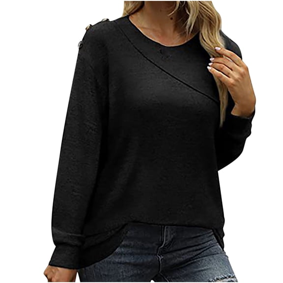 Crew Neck Sweatshirts for Women Button Down Long Sleeve Sweatshirt Basic Solid Color Oversized Sweatshirt Pullover on Womens Sweatshirt