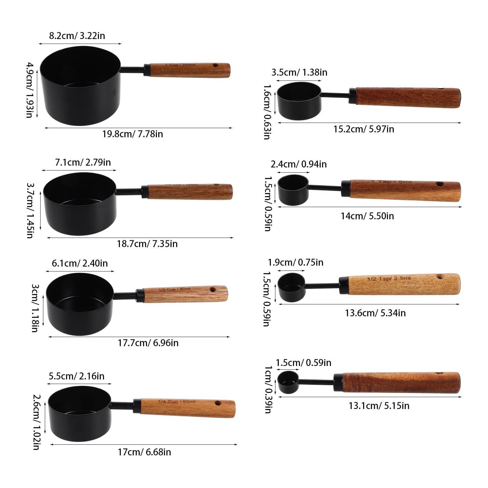ETEREAUTY 8Pcs Stainless Steel Measuring Cups with Wood Handle Black for Home Kitchen Baking