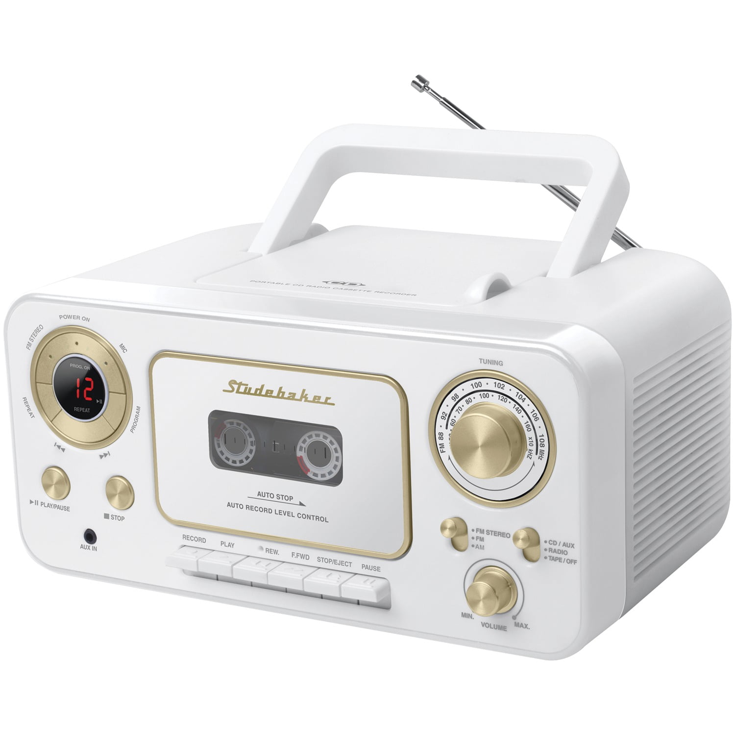 Studebaker Portable Stereo CD Player with AM/FM Radio & Cassette Player/Recorder (White & Gold) - Walmart.com