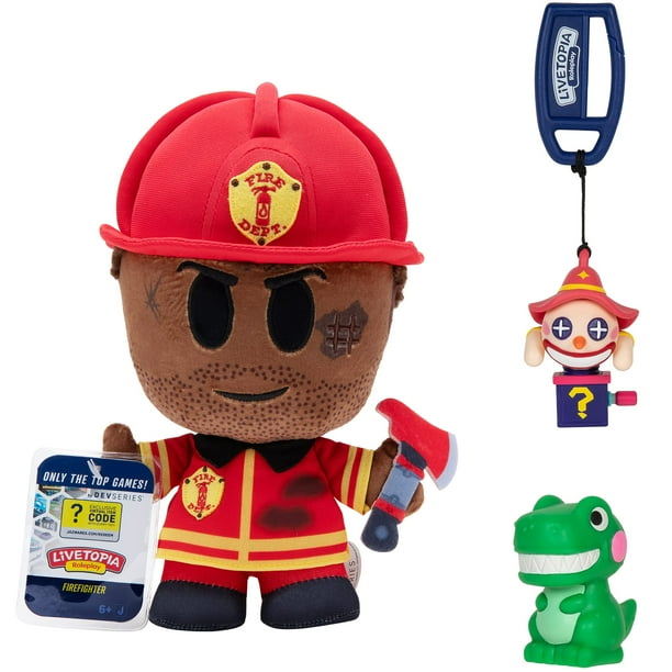 Paquete de coleccionista Devseries Livetopia: tres códigos de artículos virtuales exclusivos con Squooshems T-Rex del parque infantil de peluche de bombero y Jack Hanger