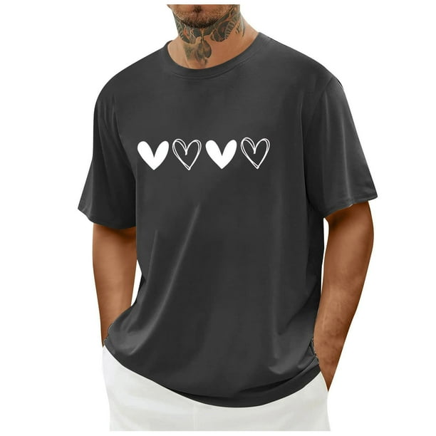 Tops para hombre, blusas y camisas de cuello redondo y manga corta para hombre. Camiseta/camisa informal de cuello redondo y manga corta con estampado de corazones para hombre. Tops de poliéster para