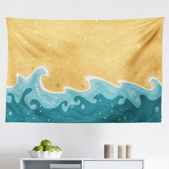 Graphic Beach Tapestry, Holiday Leisure Cartoon with Calming Hammock Between Palm Trees Tropic Island, Fabric Wall Hanging Decor for Bedroom Living Room Dorm, 2 Sizes, Multicolor, by Ambesonne