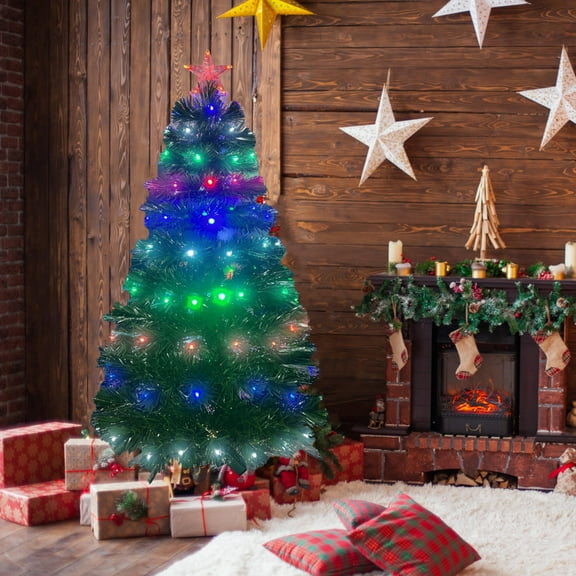 LAMPHOME 6FT Pre-Lit Christmas Tree, Fiber Optic Artificial Xmas Tree, Multi Color Fiber Optic Tree with Controller,Top Star, Foldable Metal Base for Indoor Holiday Home Decoration