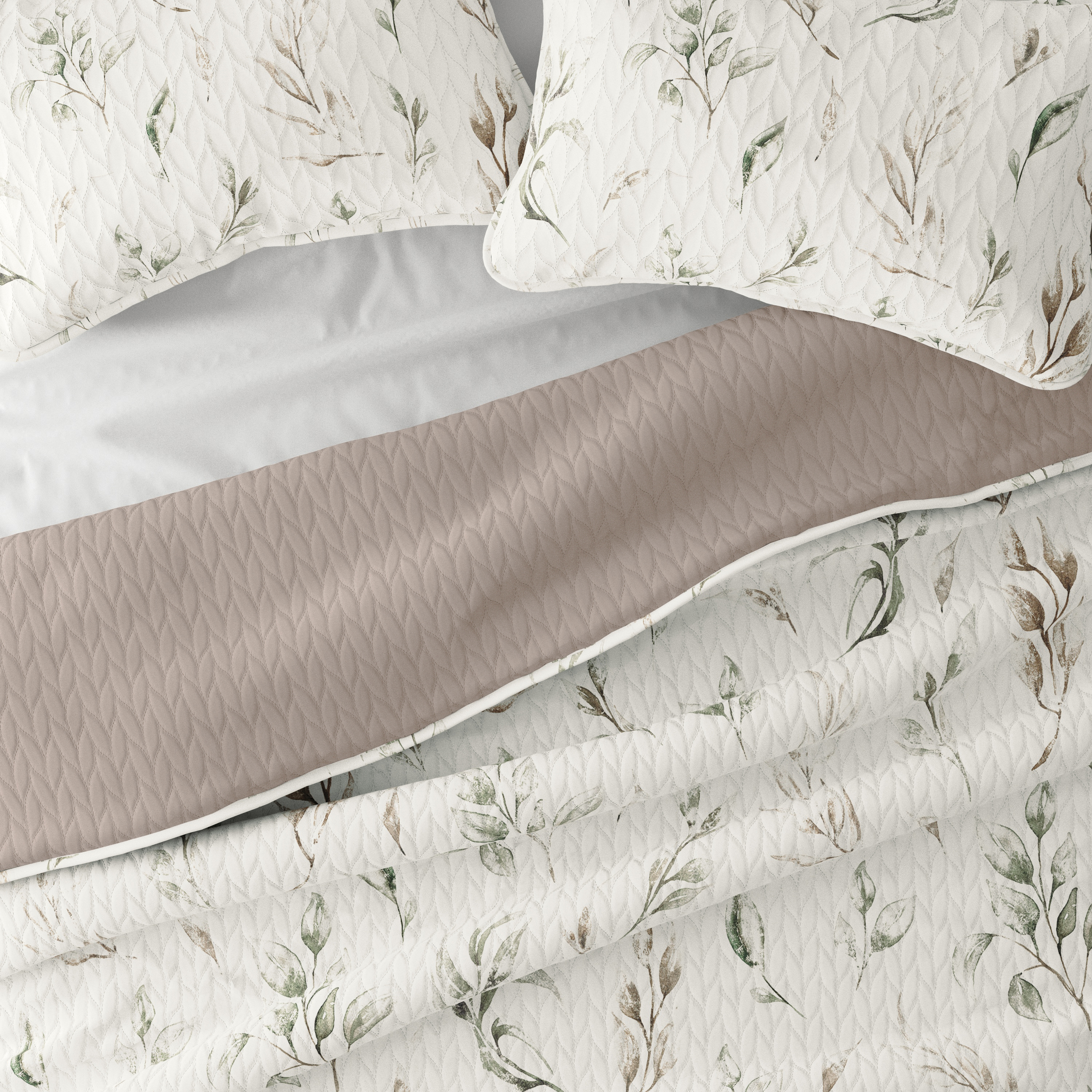 Noble Linens Latte 3 Piece Watercolor Leaves/Stripe Reversible Microfiber Quilt Set, Twin / Twin XL