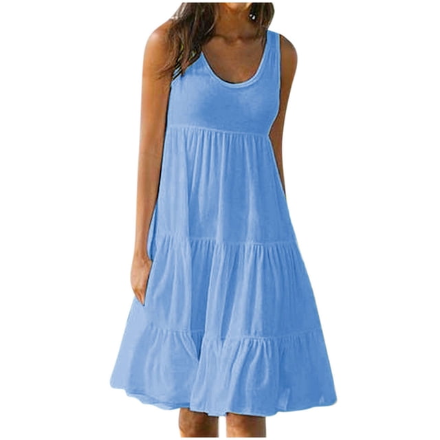 B91xZ Robes pour Femmes Sans Manches Fendues Maxi Robes d'Été de Plage avec Poches, Bleu TG