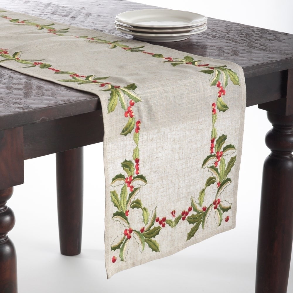 Saro Lifestyle Embroidered Holly Design Holiday Linen Blend Table Runners 16"x90" Runner